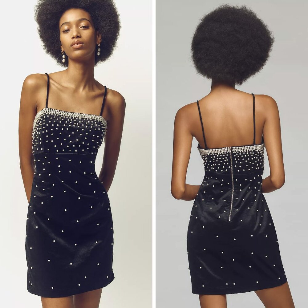 Anthropologie Black Velvety Spaghetti Strap Dress w/ Pearls, Maeve Brynne
